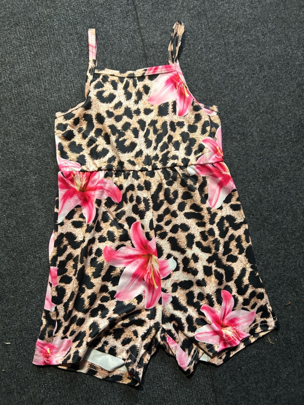 Girls Leopard Print Romper with Pink Floral Accents